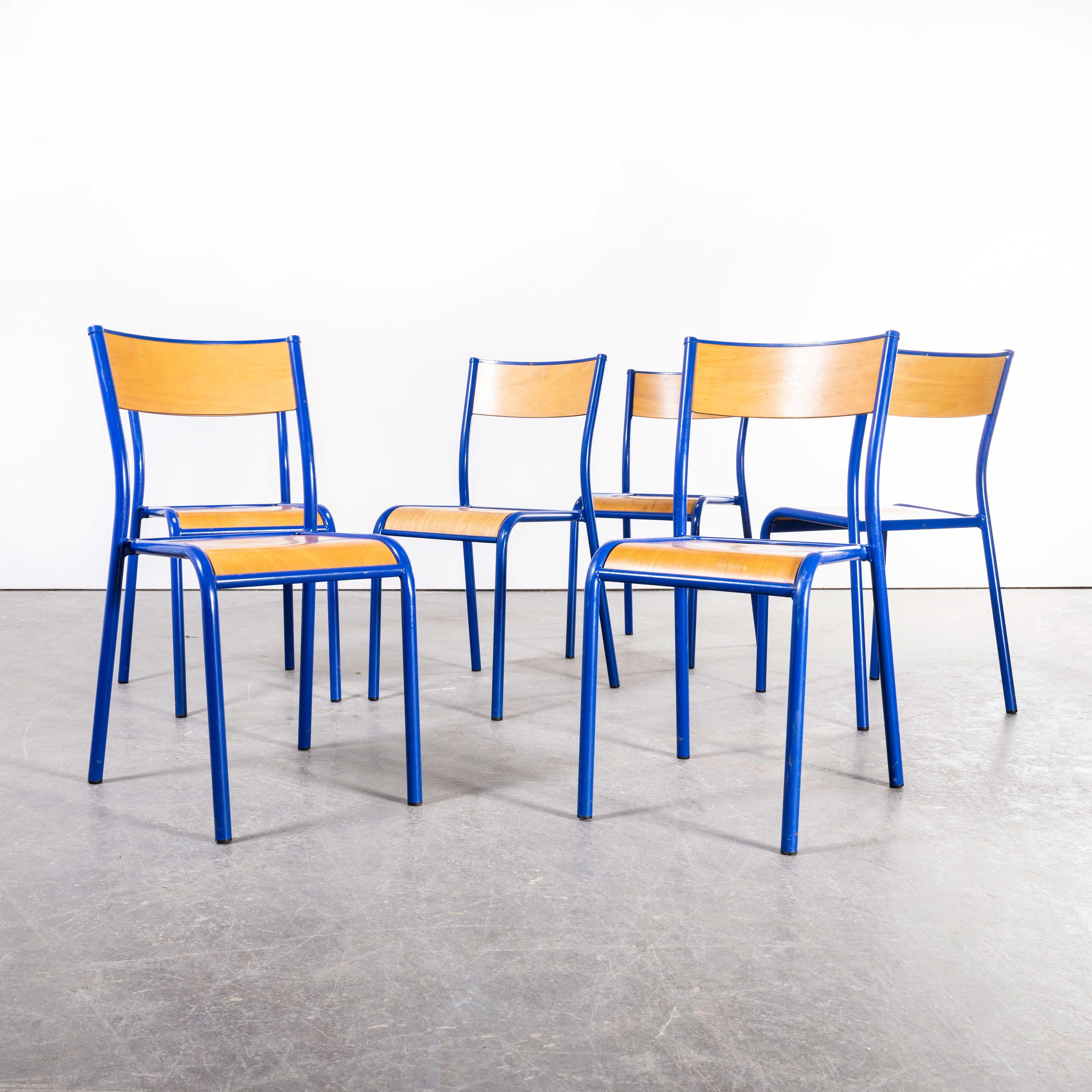 French 1970s Bright Blue Mullca Stacking Dining Chair, Beech Seat, Set of Six For Sale
