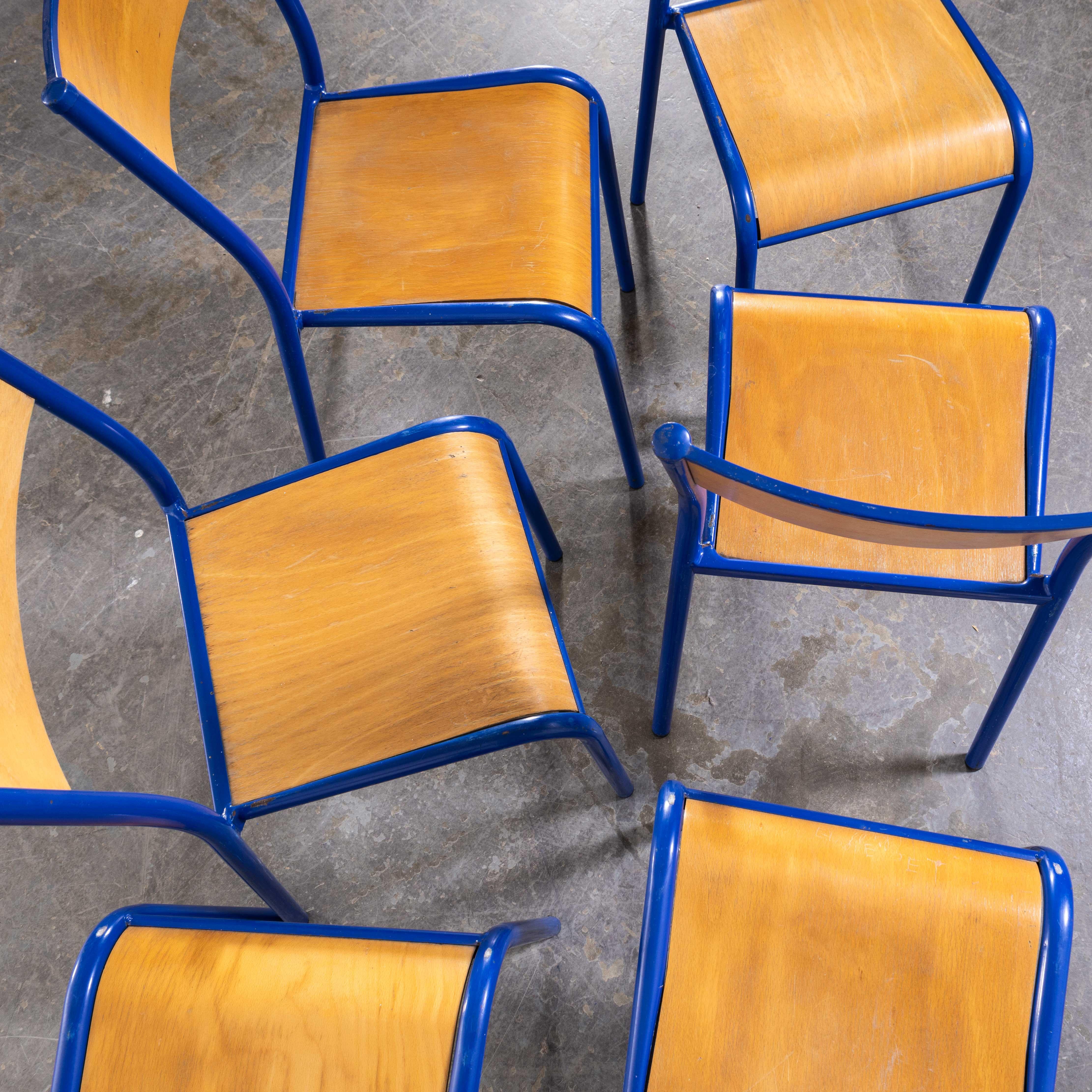 Metal 1970s Bright Blue Mullca Stacking Dining Chair, Beech Seat, Set of Six For Sale