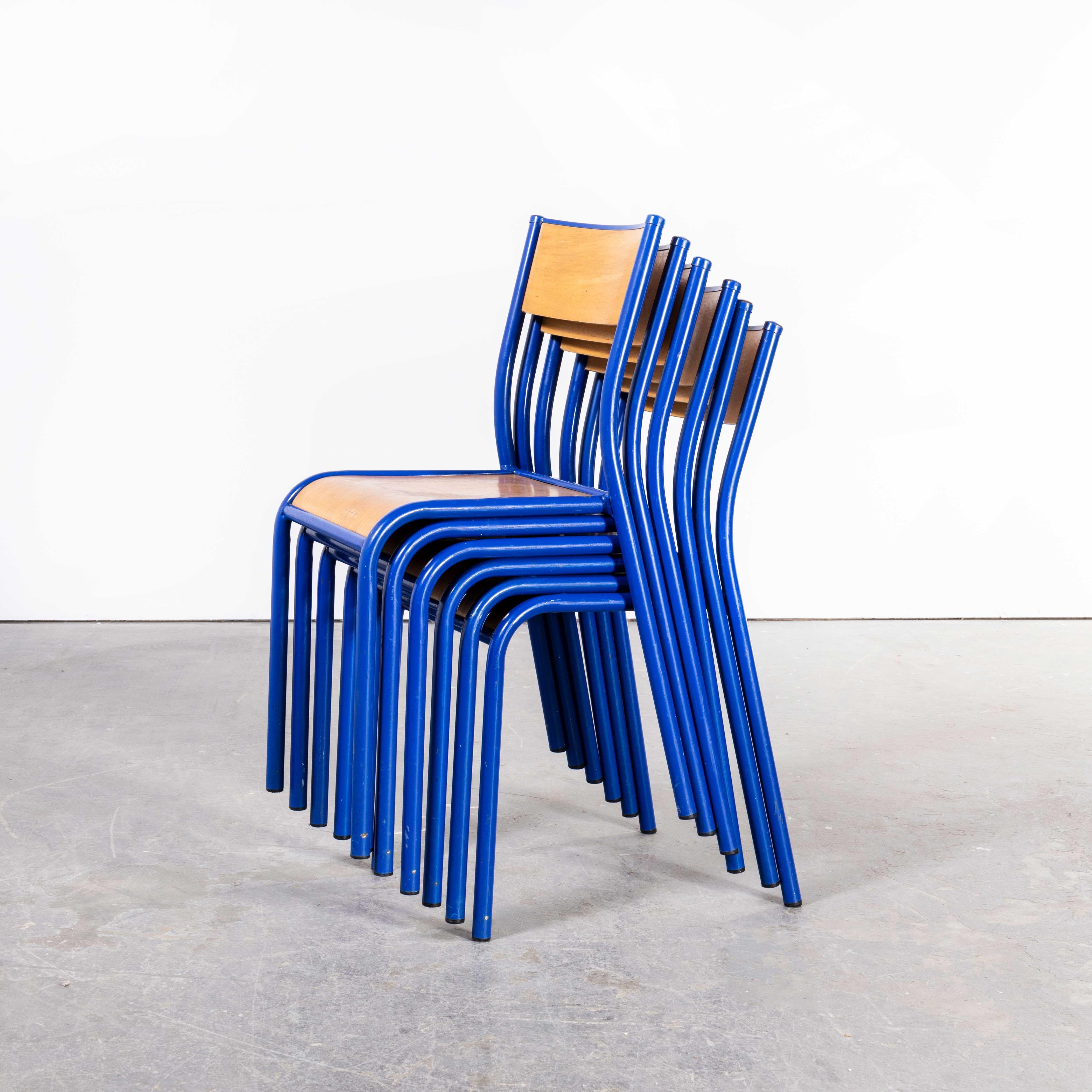 1970s Bright Blue Mullca Stacking Dining Chair, Beech Seat, Set of Six For Sale 3