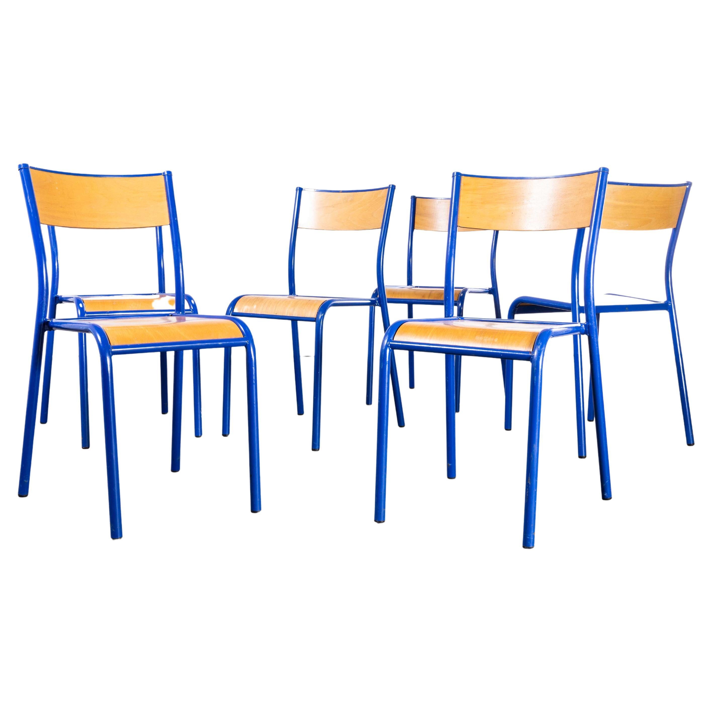 1970s Bright Blue Mullca Stacking Dining Chair, Beech Seat, Set of Six For Sale