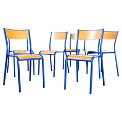 1970s Bright Blue Mullca Stacking Dining Chair, Beech Seat, Set of Six