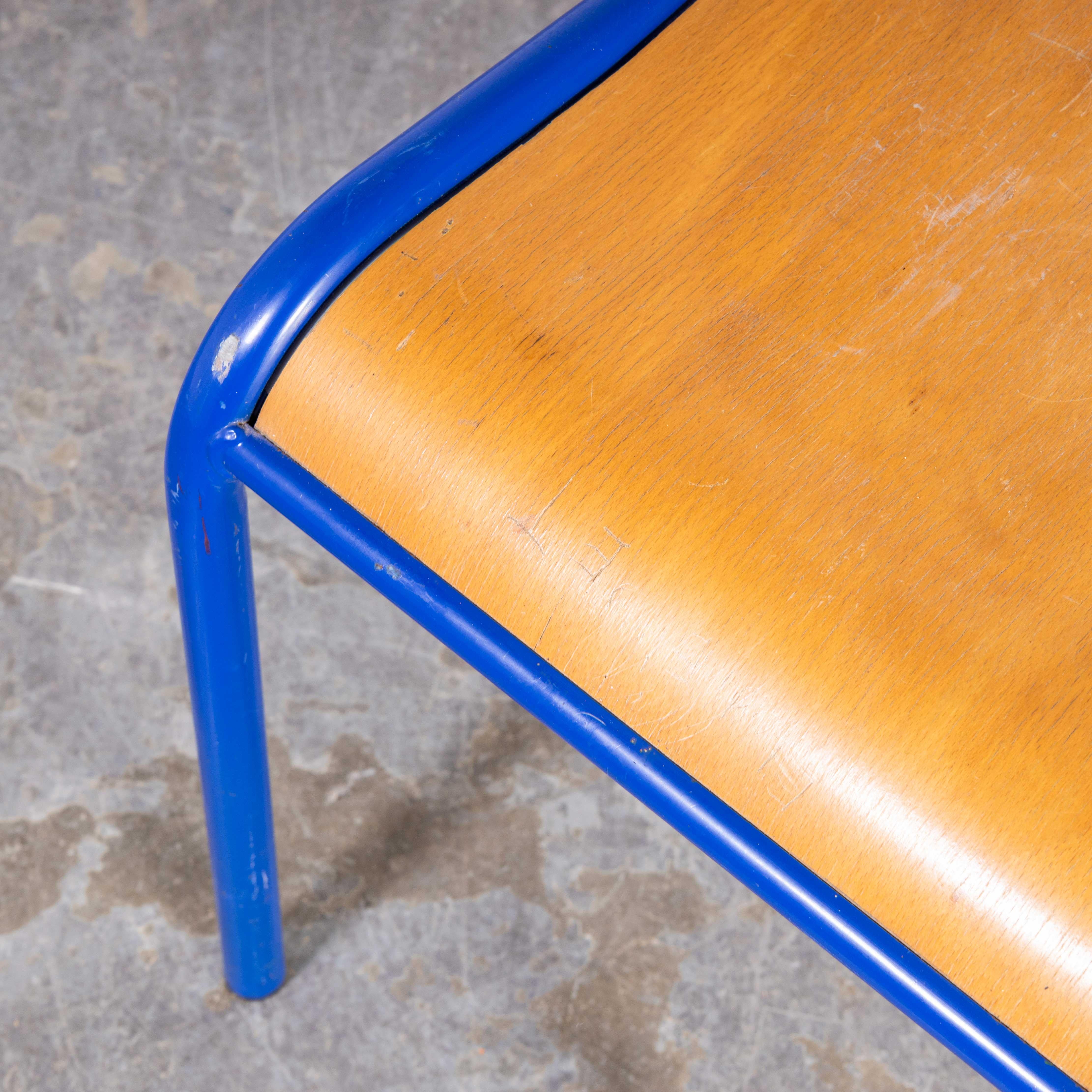 French 1970s Bright Blue Mullca Stacking Dining Chair, Beech Seat, Various Quantity For Sale