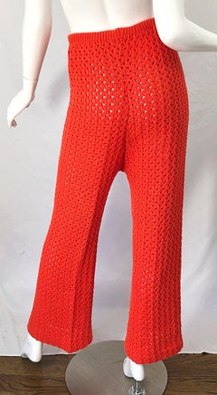 1970s Bright Coral Orange Crochet High Waisted Wide Flare Leg Bell Bottom Pants