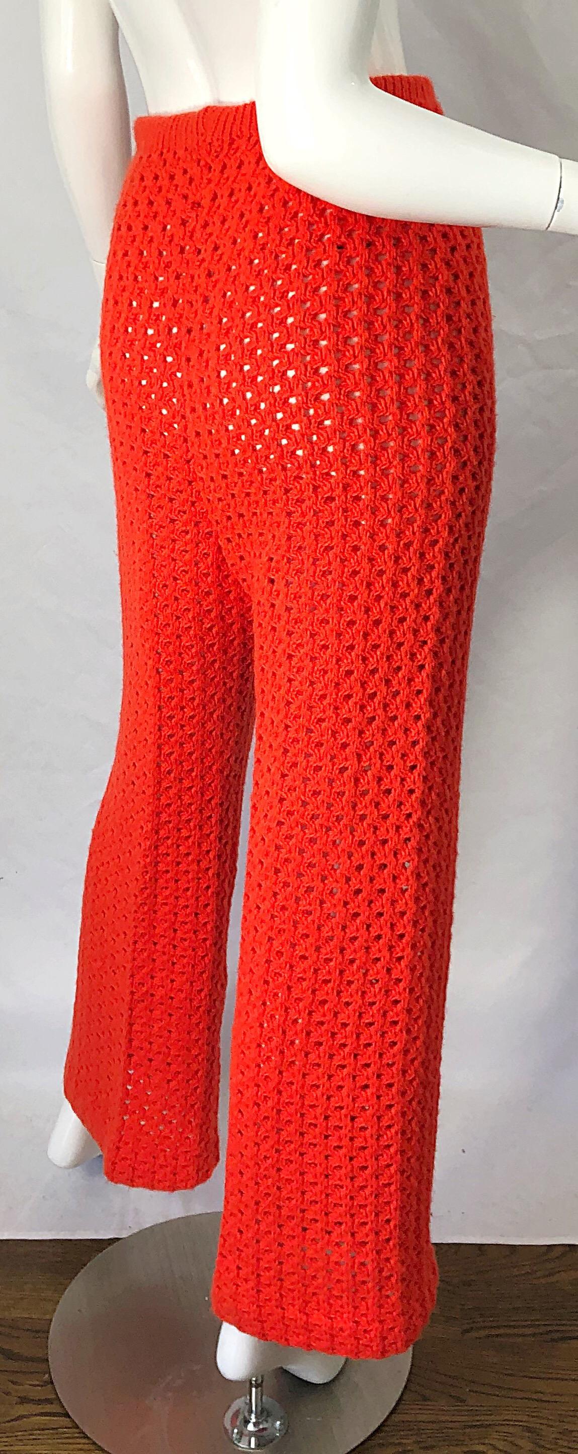 Red 1970s Bright Coral Orange Crochet High Waisted Wide Flare Leg Bell Bottom Pants For Sale