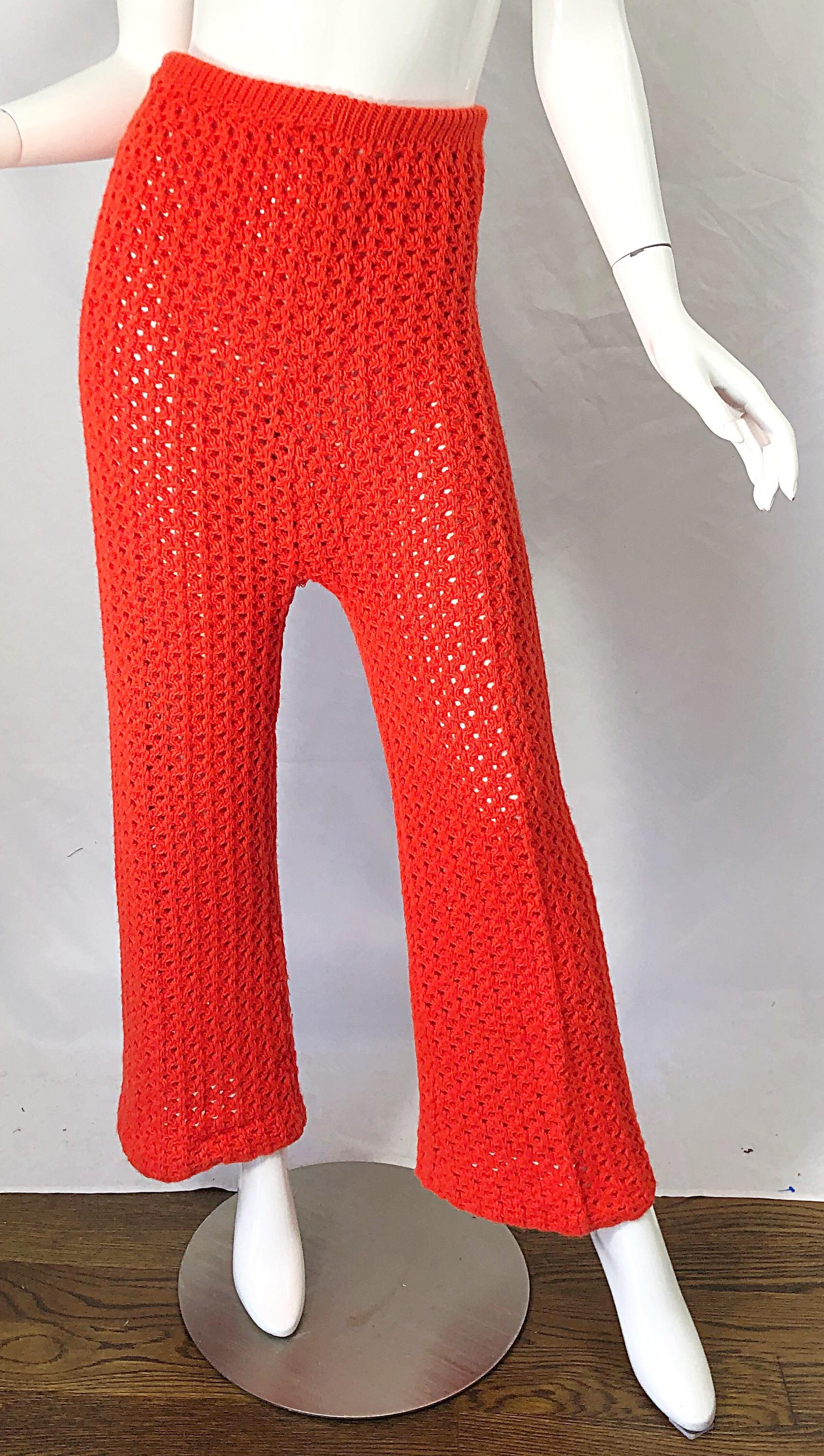 1970s Bright Coral Orange Crochet High Waisted Wide Flare Leg Bell Bottom Pants For Sale 1