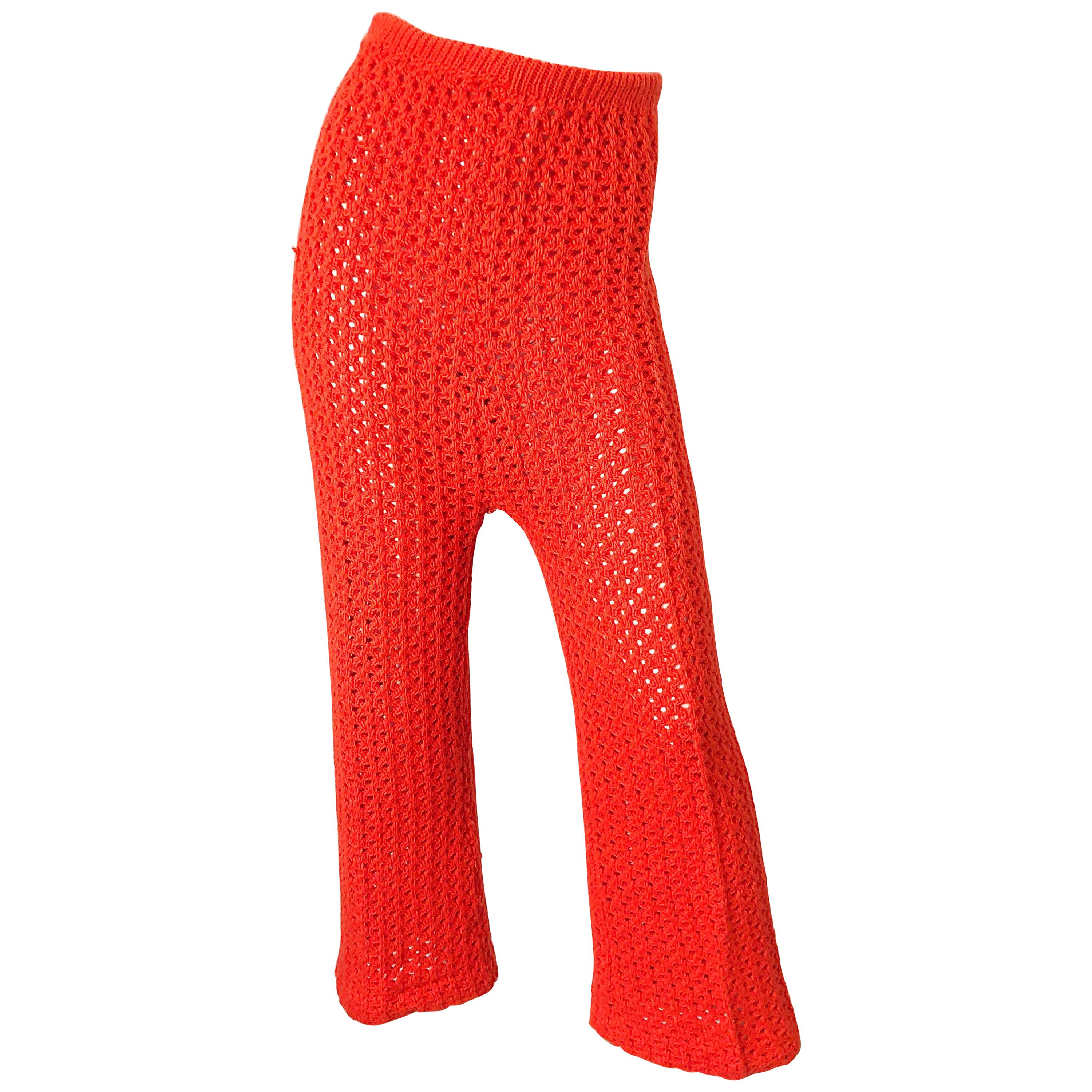 1970s Bright Coral Orange Crochet High Waisted Wide Flare Leg Bell Bottom Pants For Sale