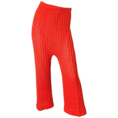 Used 1970s Bright Coral Orange Crochet High Waisted Wide Flare Leg Bell Bottom Pants
