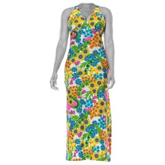 1970S Bright Floral Polyester Jersey Halter Dress With Side Slirt