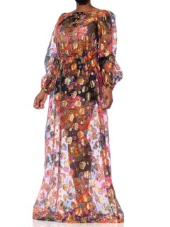 1970S Bright Multicolor Gold Lamé Poly/Lurex Fil Coupé Organza Maxi Dress