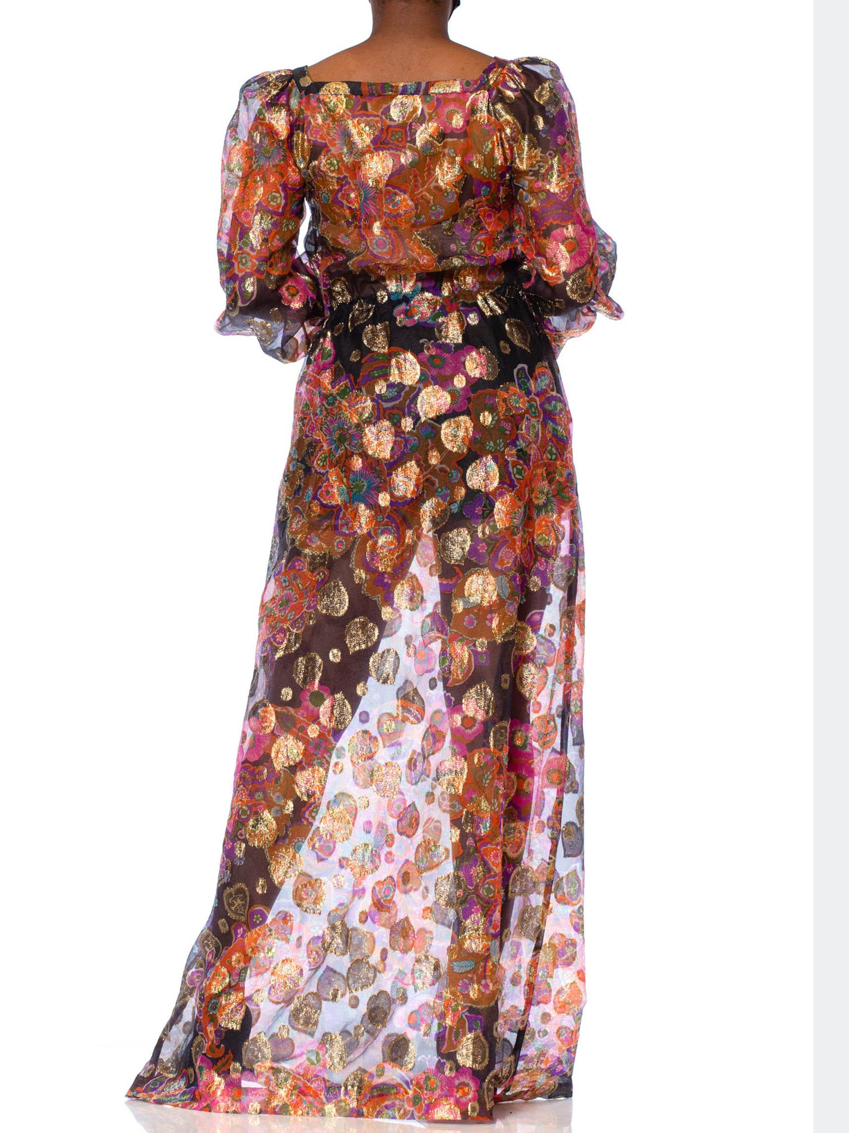 1970S Bright Multicolor Gold Lamé Poly/Lurex Fil Coupé Organza Maxi Dress In Excellent Condition In New York, NY