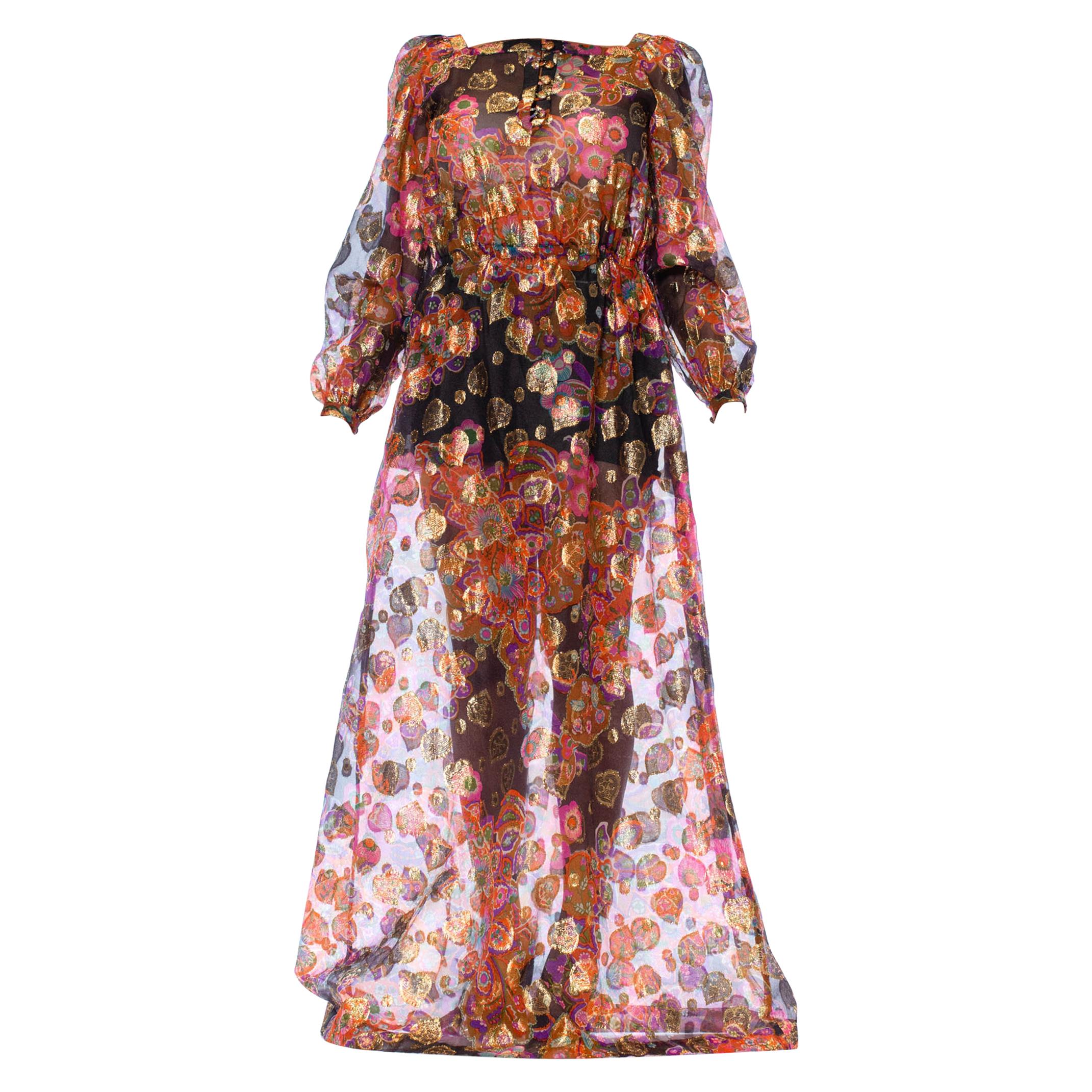 1970S Bright Multicolor Gold Lamé Poly/Lurex Fil Coupé Organza Maxi Dress