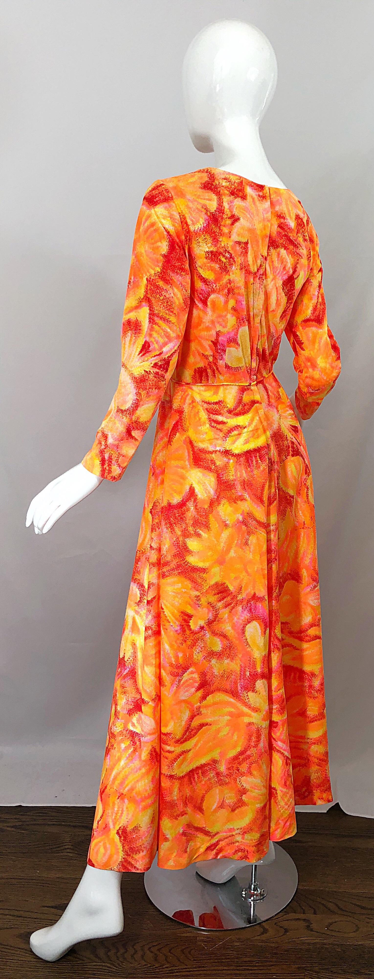 1970s Bright Neon Orange + Hot Pink Abstract Flower Print Long Sleeve Maxi Dress For Sale 3