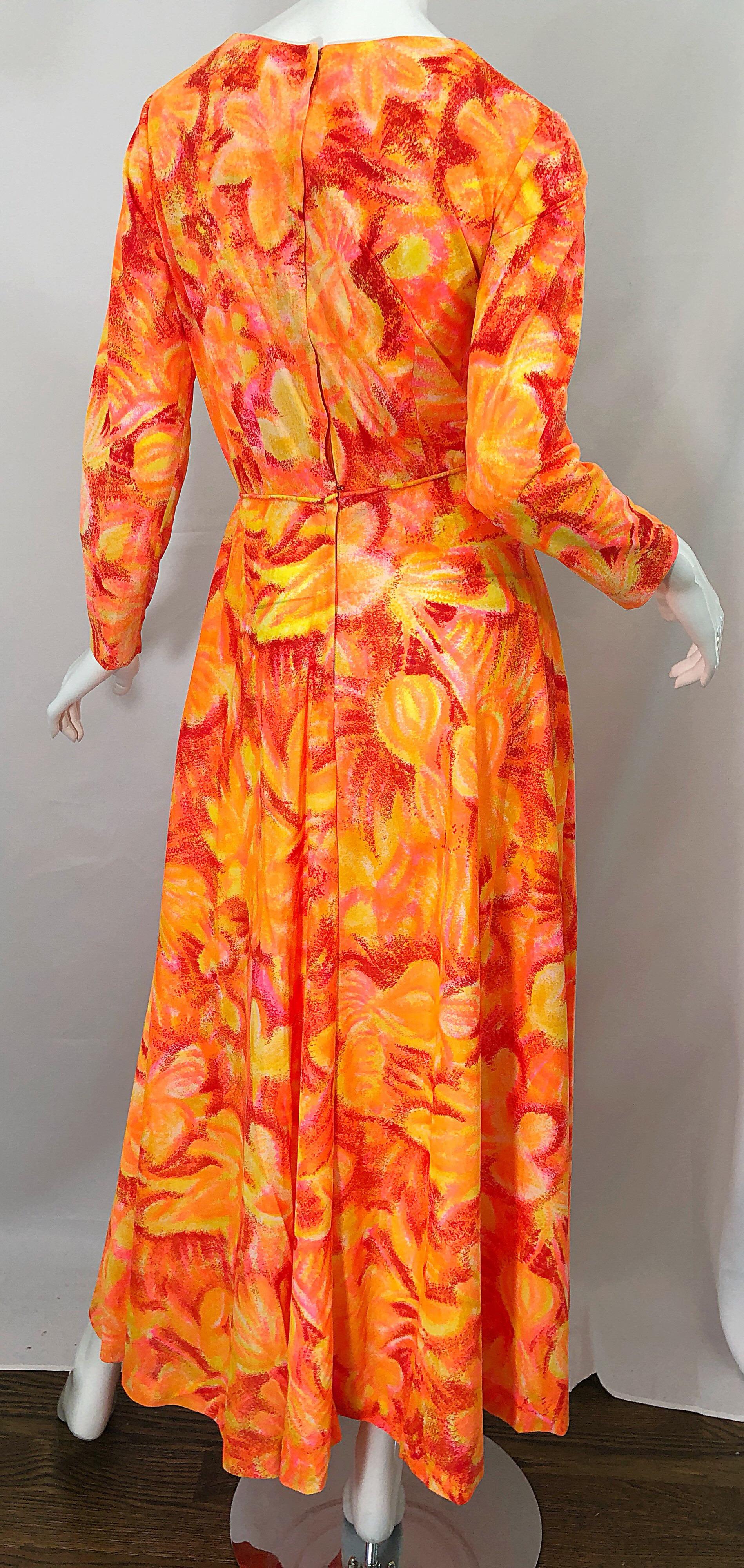 1970s Bright Neon Orange + Hot Pink Abstract Flower Print Long Sleeve Maxi Dress For Sale 5
