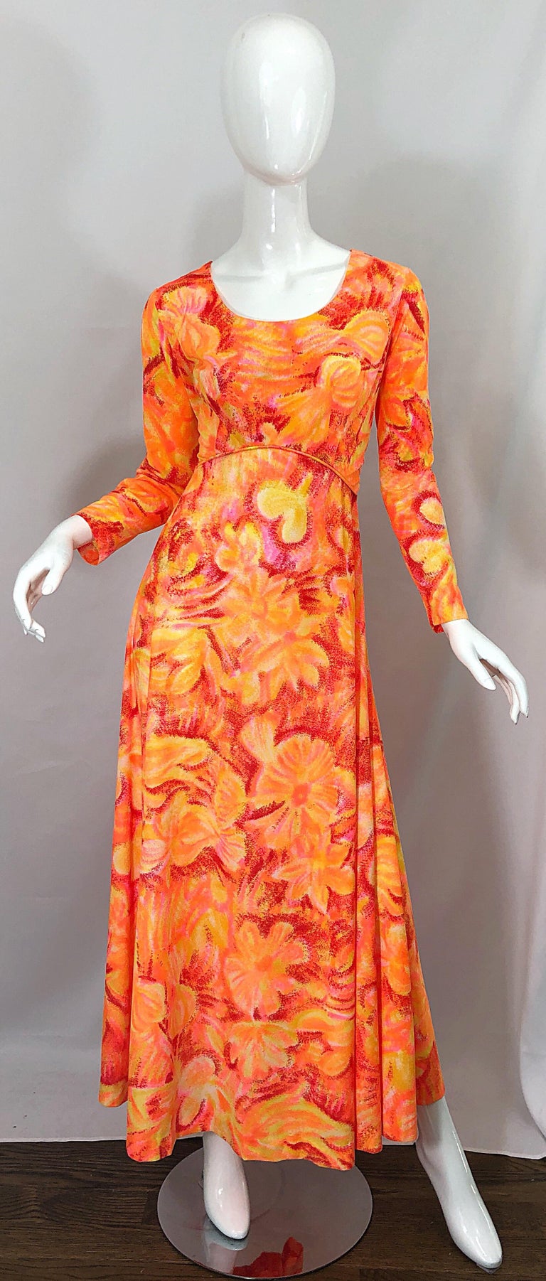 1970s Bright Neon Orange + Hot Pink Abstract Flower Print Long Sleeve Maxi Dress For Sale 9