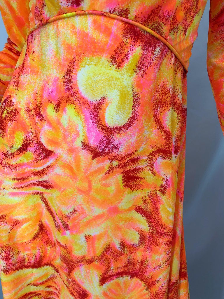 1970s Bright Neon Orange + Hot Pink Abstract Flower Print Long Sleeve Maxi Dress In Excellent Condition For Sale In San Diego, CA
