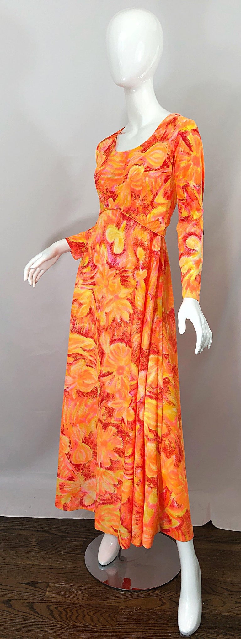 1970s Bright Neon Orange + Hot Pink Abstract Flower Print Long Sleeve Maxi Dress For Sale 1