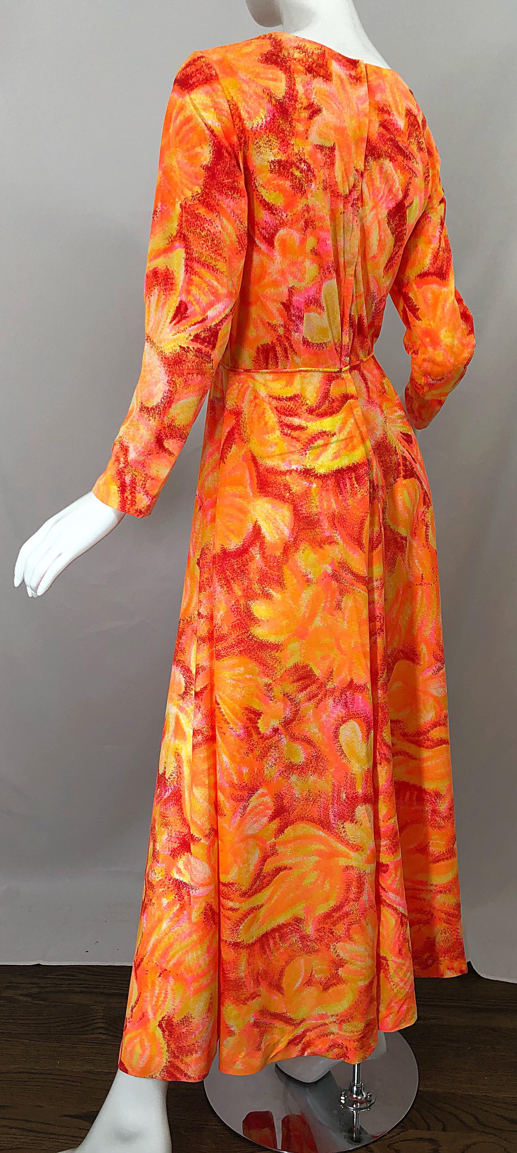 Women's 1970s Bright Neon Orange + Hot Pink Abstract Flower Print Long Sleeve Maxi Dress For Sale