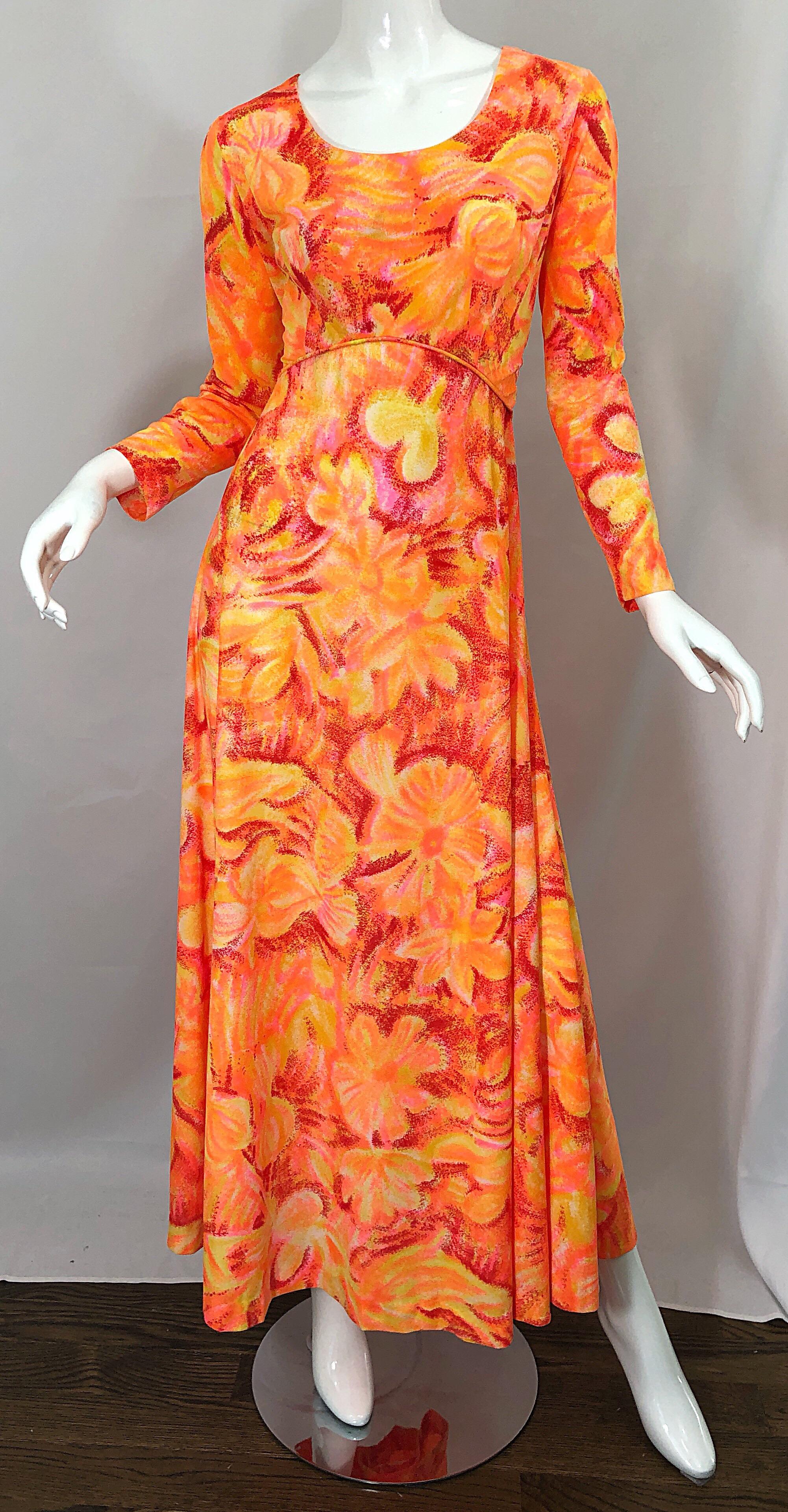 1970s Bright Neon Orange + Hot Pink Abstract Flower Print Long Sleeve Maxi Dress For Sale 1