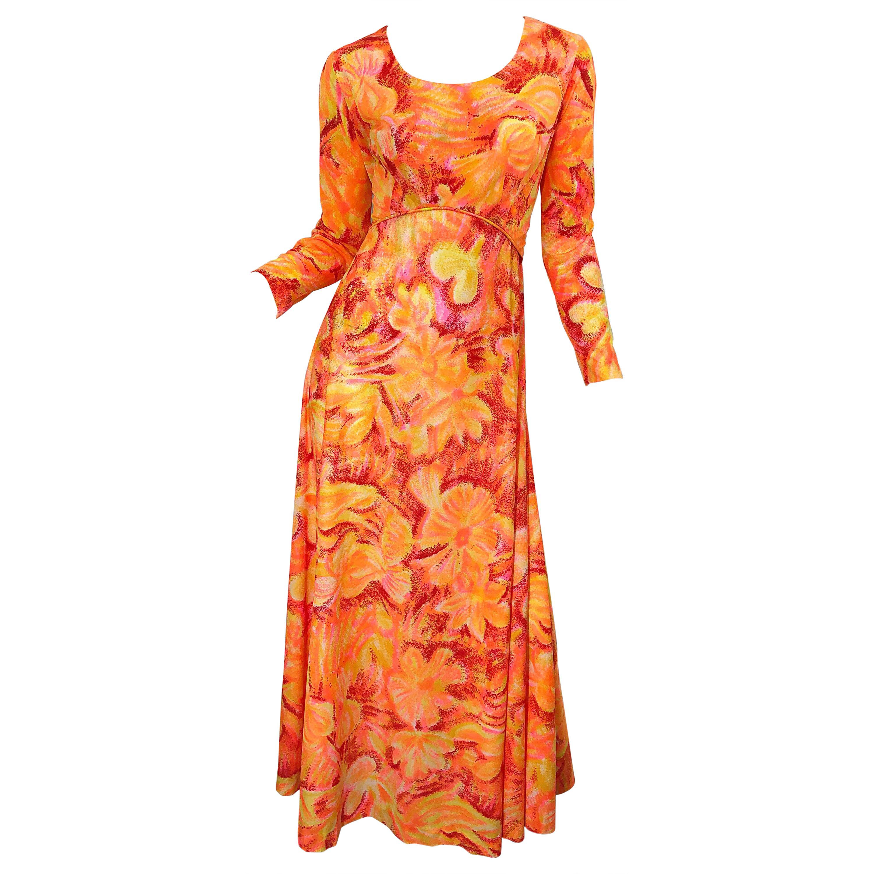 1970s Bright Neon Orange + Hot Pink Abstract Flower Print Long Sleeve Maxi Dress