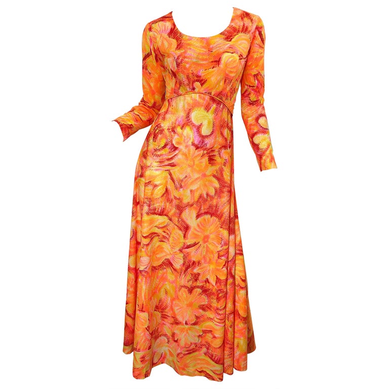 1970s Bright Neon Orange + Hot Pink Abstract Flower Print Long Sleeve Maxi Dress For Sale