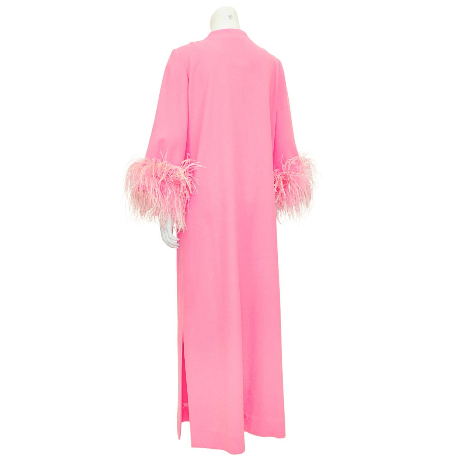 1970s Bright Pink Wool Hostess Gown with Feather Cuffs In Good Condition In Toronto, Ontario