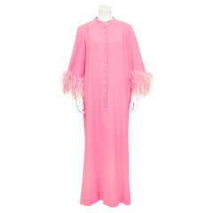 Retro 1970s Bright Pink Wool Hostess Gown with Feather Cuffs