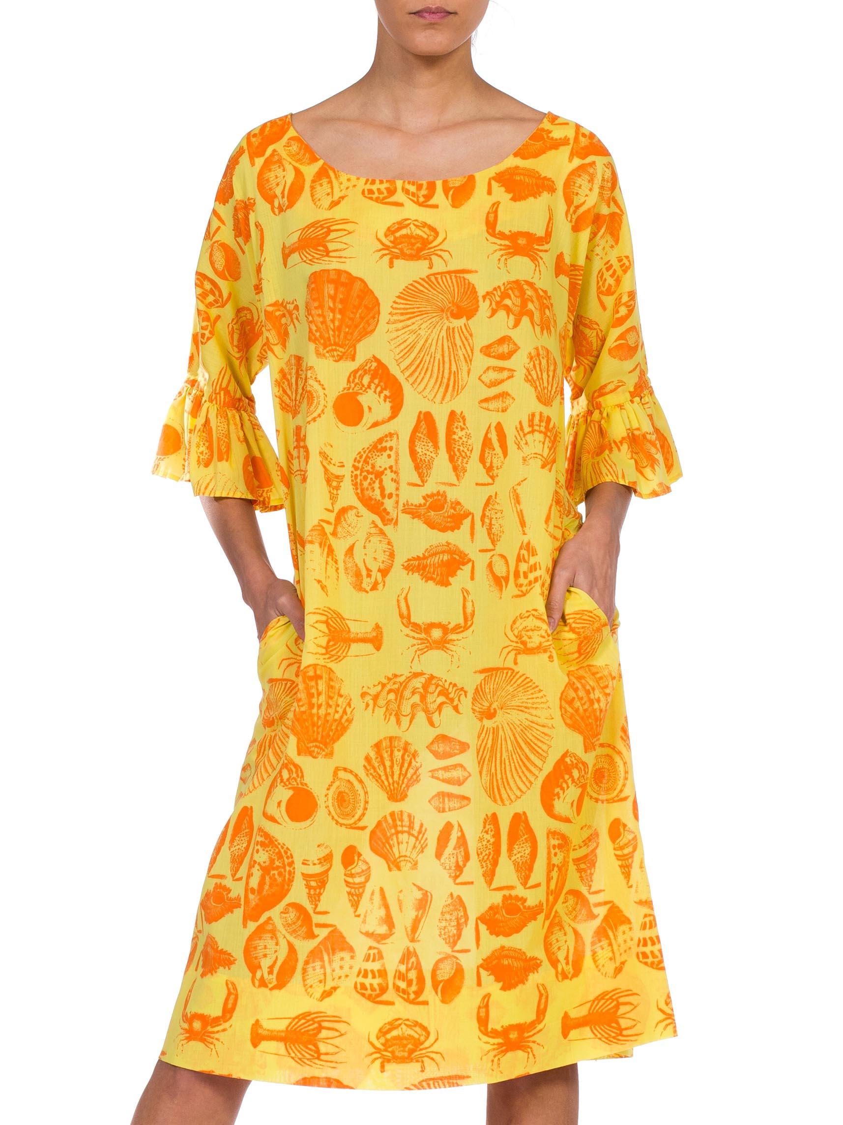 Women's 1970S Yellow & Orange Cotton Blend Bright Seaside Seashell Print Dress