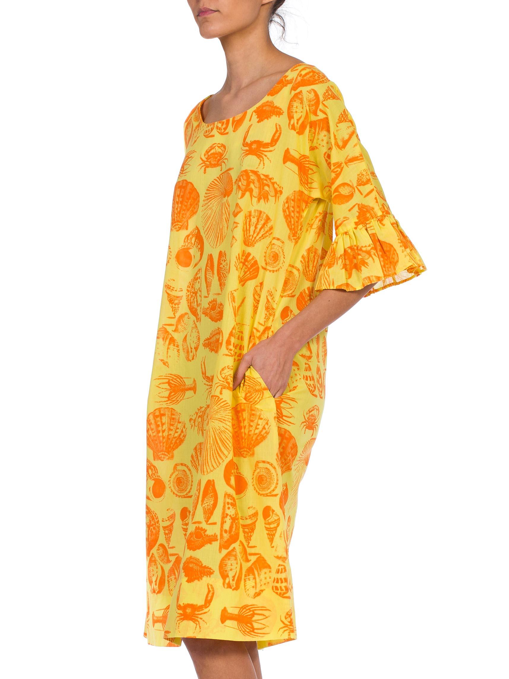 1970S Yellow & Orange Cotton Blend Bright Seaside Seashell Print Dress 1