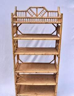 1970's Brighton Pavilion Chinese Chippendale Bamboo Caned Bookcase Etagere