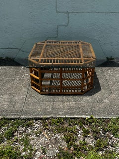 1970s Brighton Style Rattan Bamboo Glass Octogonal Coffee Cocktail Table