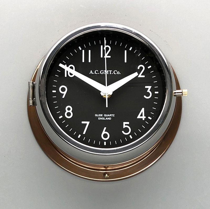 1970s British Bronze AC.GMT.Co. Industrial Wall Clock Chrome Bezel Black Dial For Sale 2