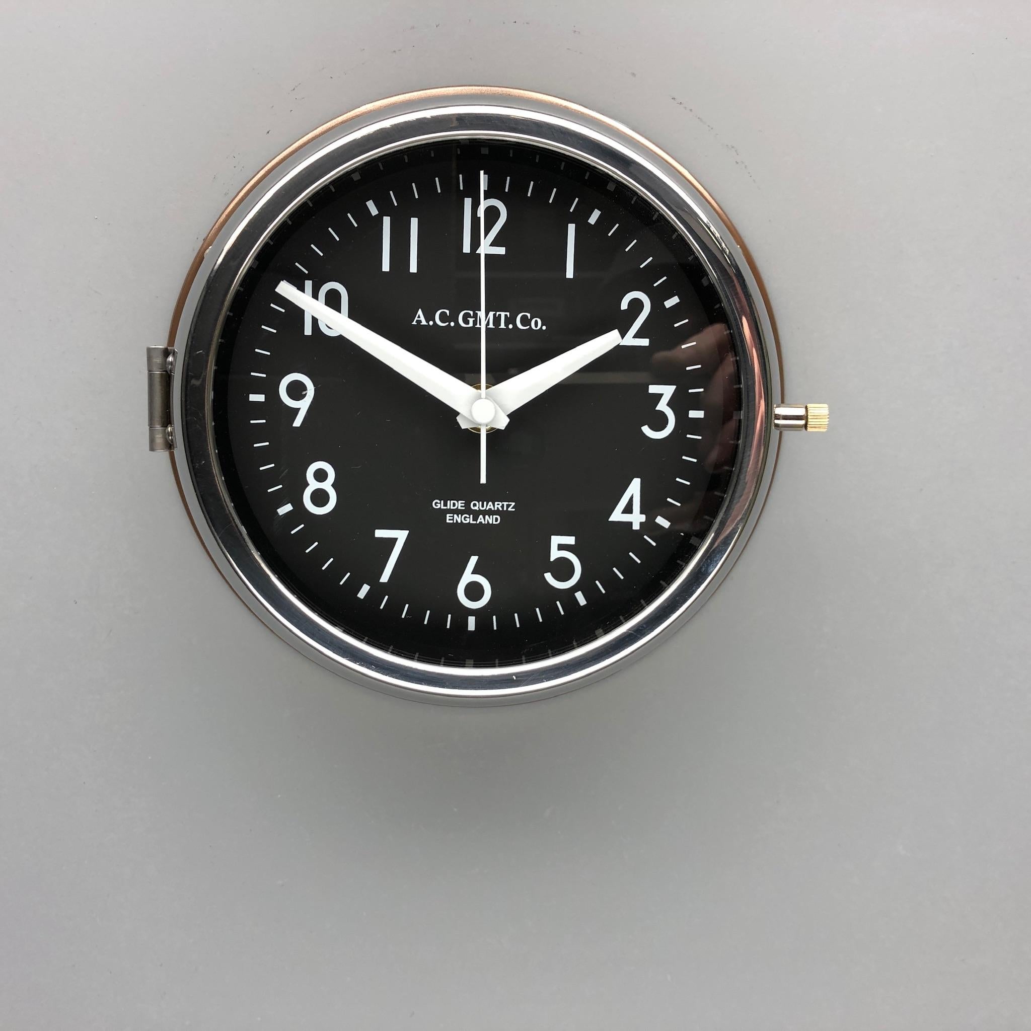 1970s British Bronze AC.GMT.Co. Industrial Wall Clock Chrome Bezel Black Dial 1