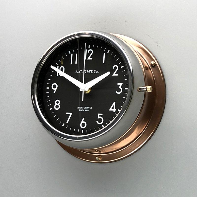 1970s British Bronze AC.GMT.Co. Industrial Wall Clock Chrome Bezel Black Dial For Sale 3