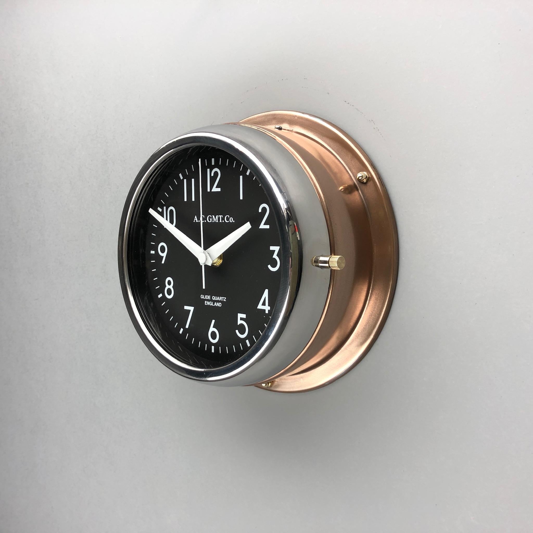 1970s British Bronze AC.GMT.Co. Industrial Wall Clock Chrome Bezel Black Dial 2