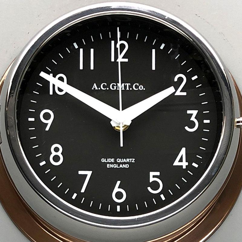 1970s British Bronze AC.GMT.Co. Industrial Wall Clock Chrome Bezel Black Dial For Sale 4