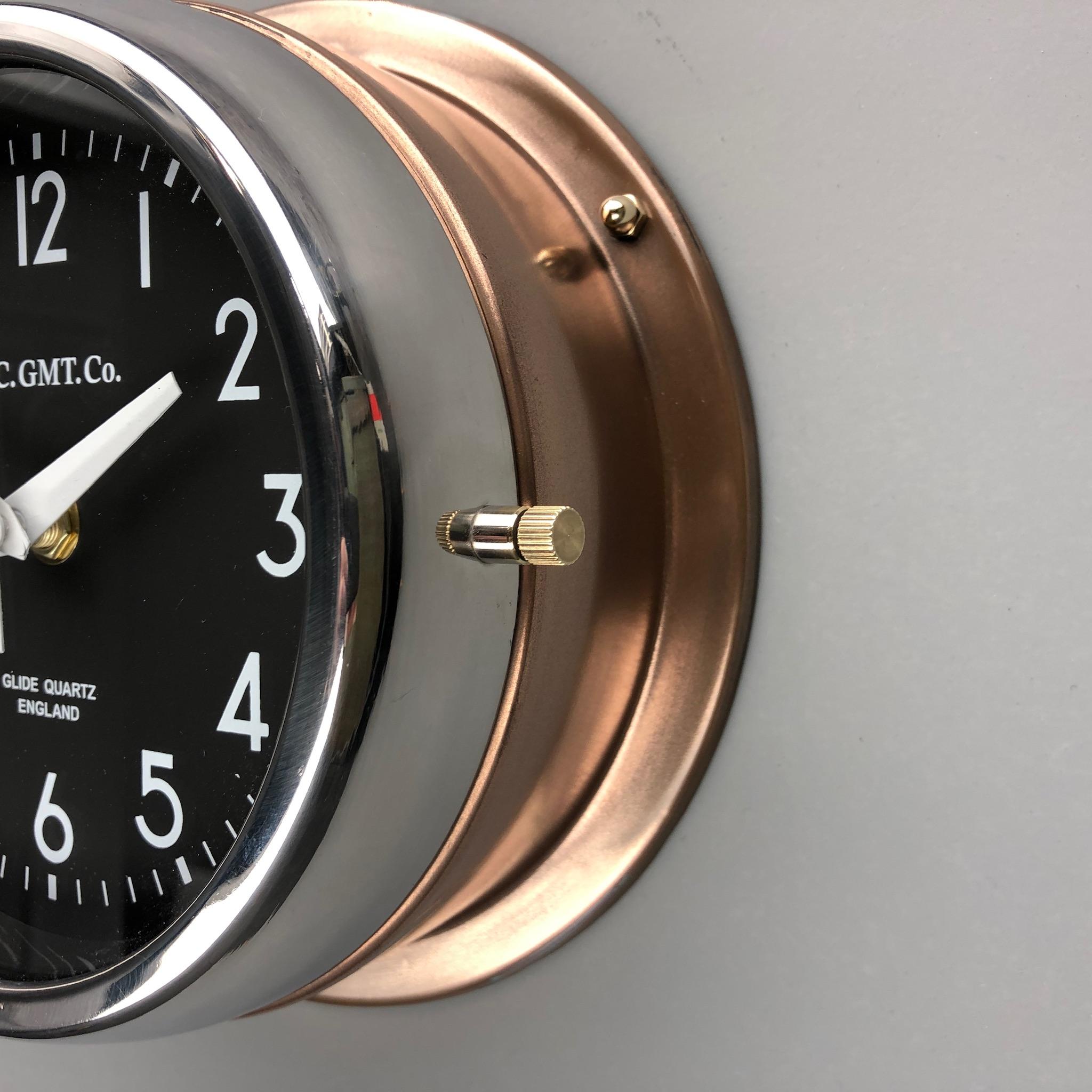 1970s British Bronze AC.GMT.Co. Industrial Wall Clock Chrome Bezel Black Dial 3