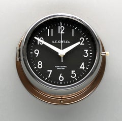 1970s British Bronze AC.GMT.Co. Industrial Wall Clock Chrome Bezel Black Dial