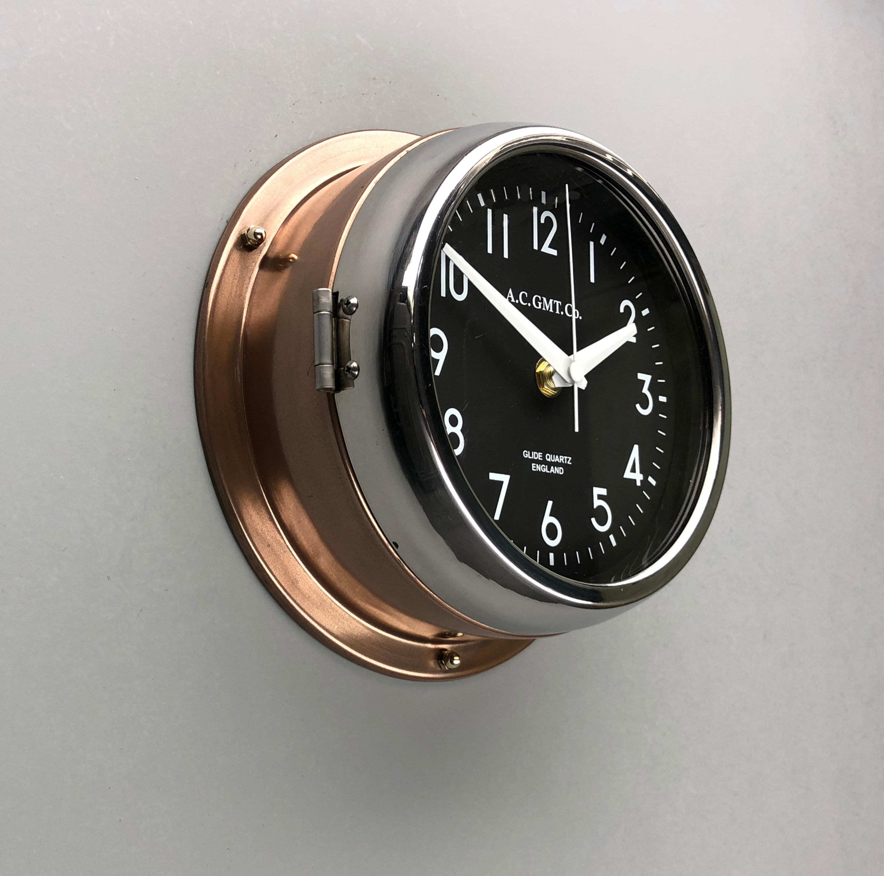 International Style 1970s British Bronze AC.GMT.Co. Industrial Wall Clock Chrome Bezel Black Dial