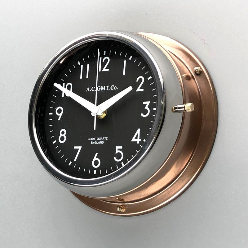 Plated 1970s British Bronze AC.GMT.Co. Industrial Wall Clock Chrome Bezel Black Dial For Sale