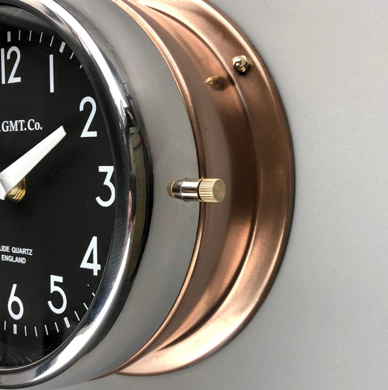 1970s British Bronze AC.GMT.Co. Industrial Wall Clock Chrome Bezel Black Dial In Good Condition For Sale In Leicester, Leicestershire