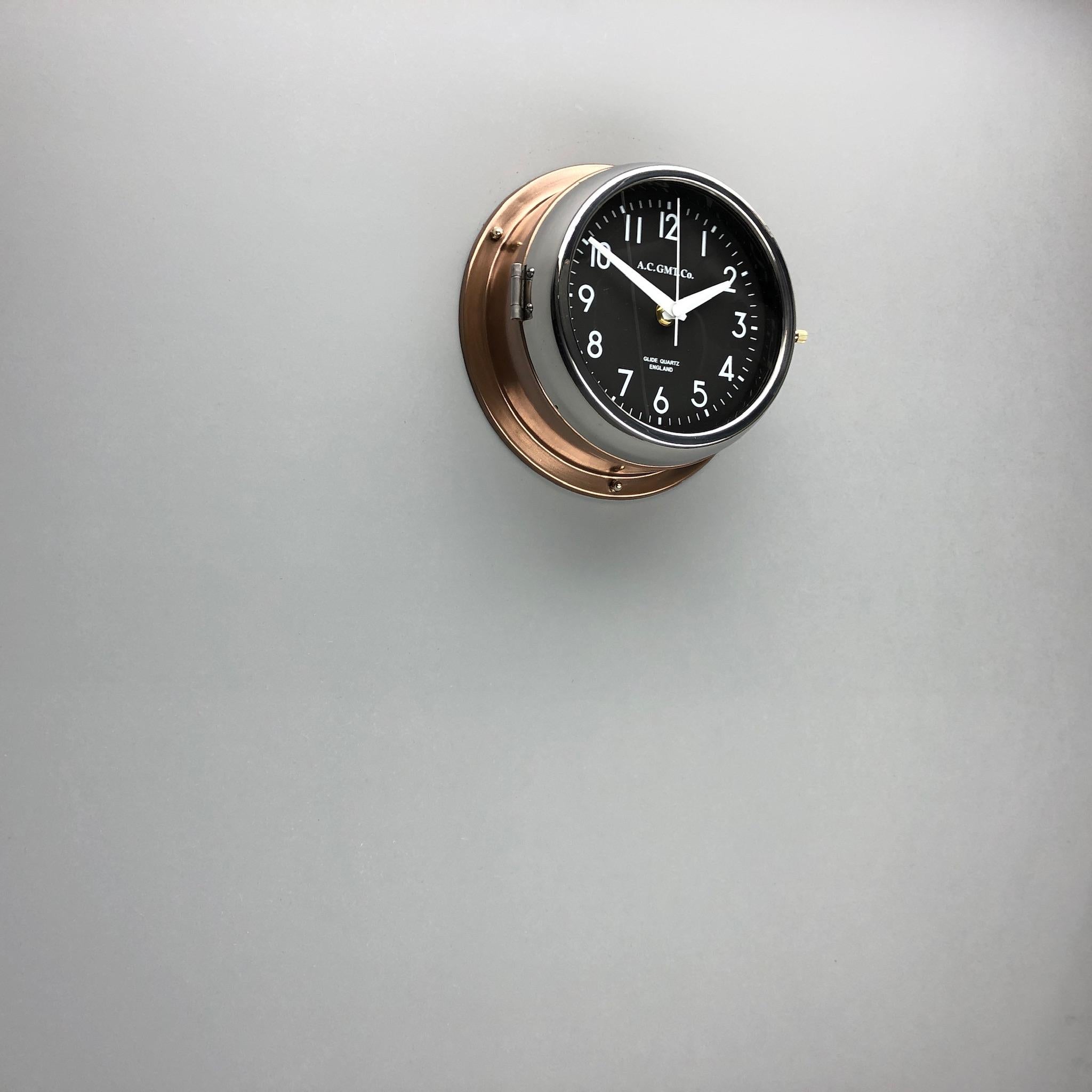 1970s British Bronze AC.GMT.Co. Industrial Wall Clock Chrome Bezel Black Dial In Good Condition In Leicester, Leicestershire