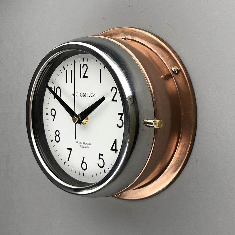 AC GMT Co., britannique, bronze et chrome, années 1970 Horloge murale industrielle avec cadran blanc en vente 2