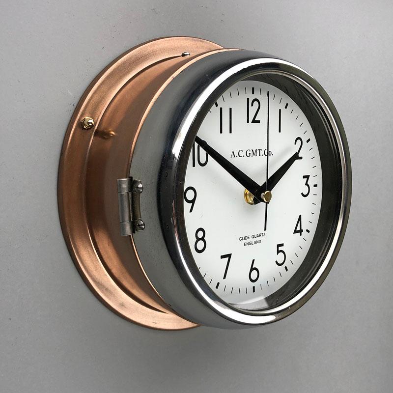 1970s British Bronze and Chrome AC GMT Co. Industrial Wall Clock White Dial For Sale 4