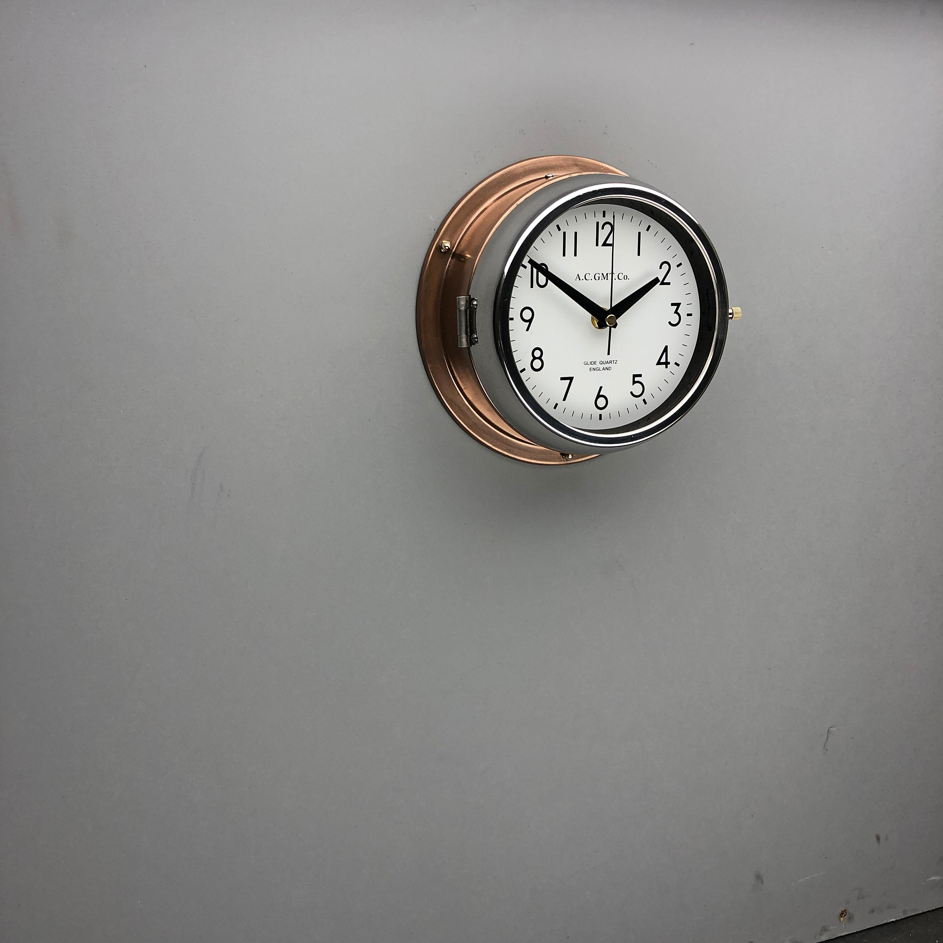 1970s British Bronze and Chrome AC GMT Co. Industrial Wall Clock White Dial 6
