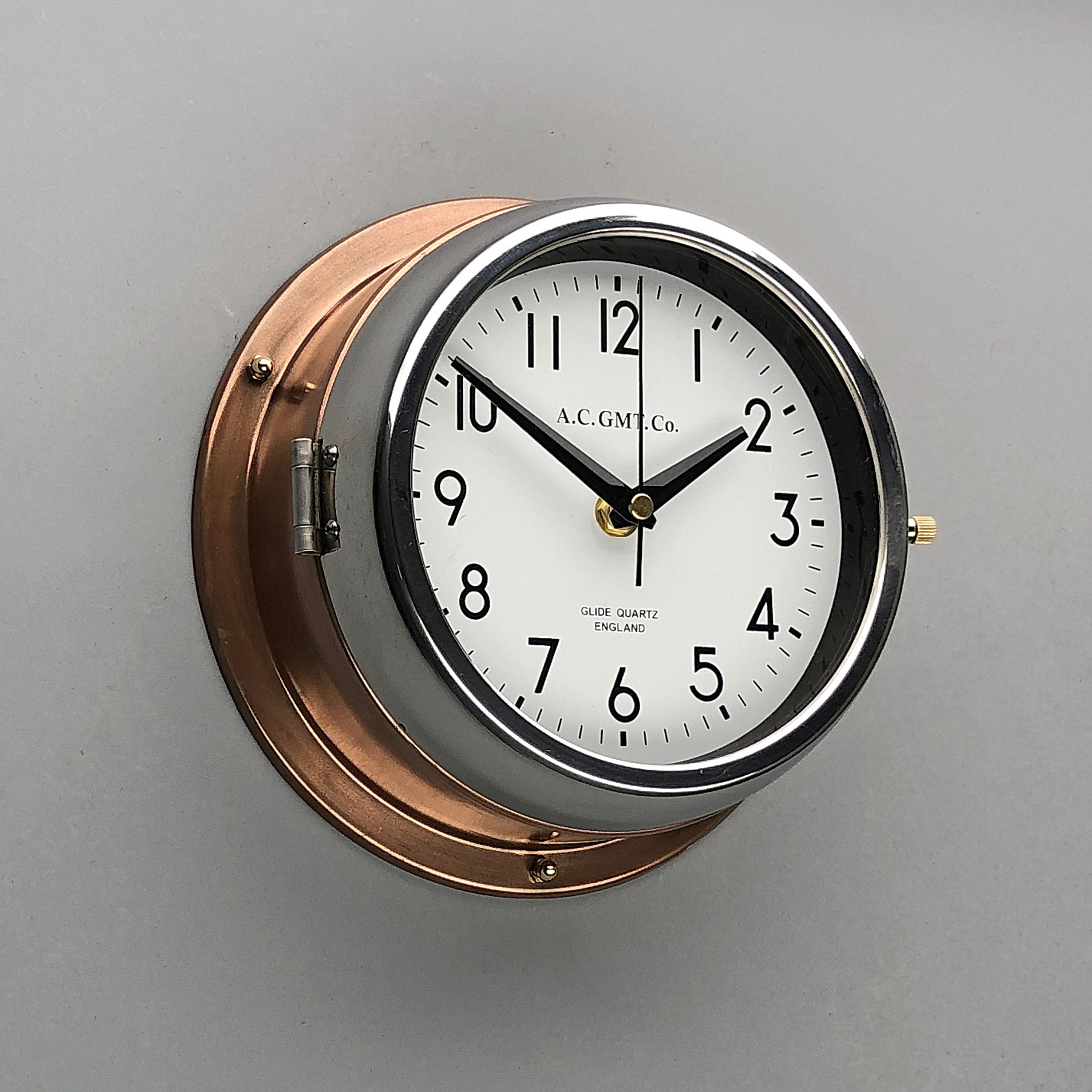 1970s British Bronze and Chrome AC GMT Co. Industrial Wall Clock White Dial 7