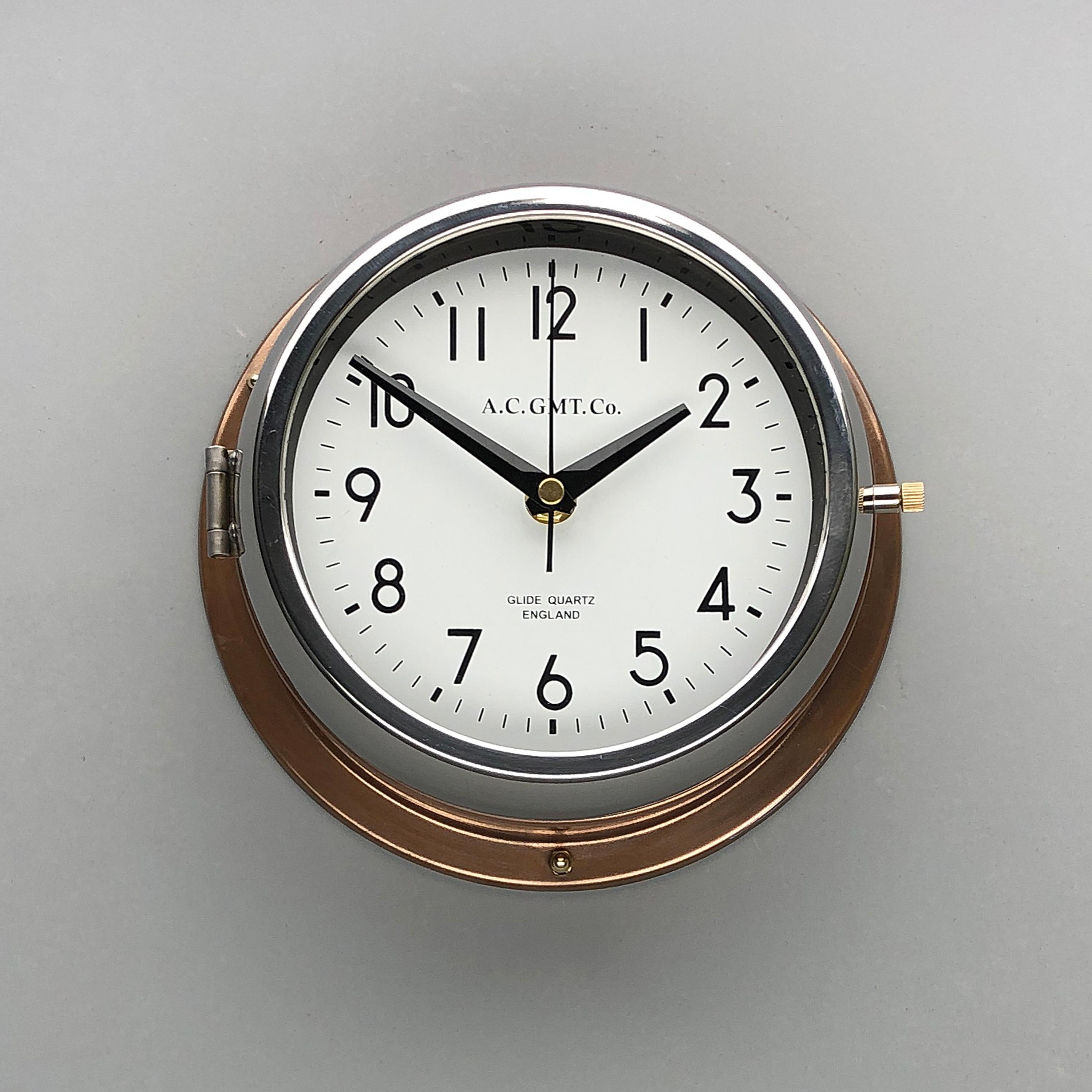 1970s British Bronze and Chrome AC GMT Co. Industrial Wall Clock White Dial 11