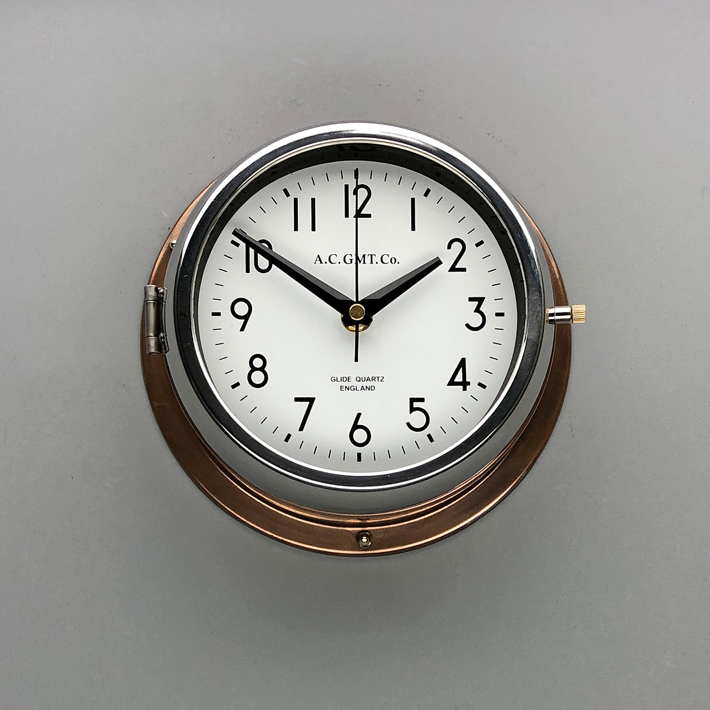 1970s British Bronze and Chrome AC GMT Co. Industrial Wall Clock White Dial 12