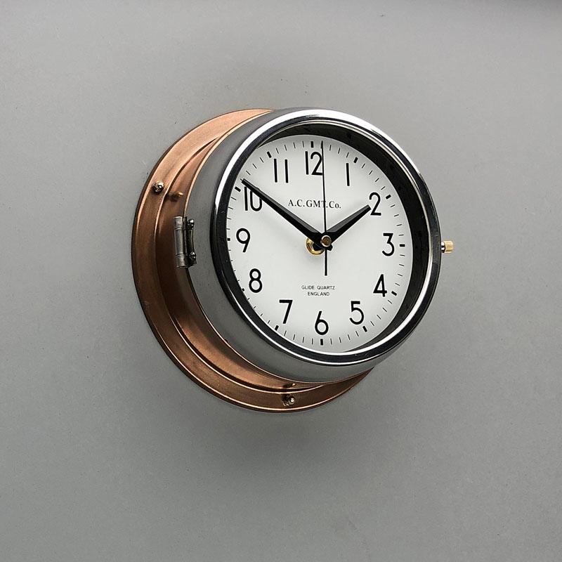 1970s British Bronze and Chrome AC GMT Co. Industrial Wall Clock White Dial For Sale 1