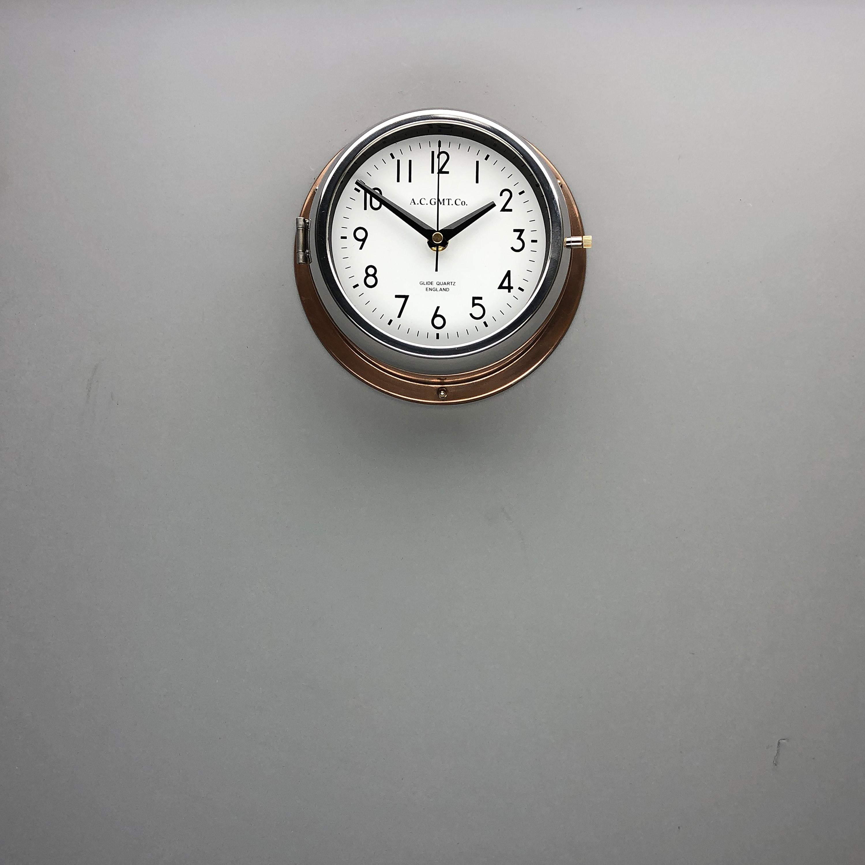 1970s British Bronze and Chrome AC GMT Co. Industrial Wall Clock White Dial 3