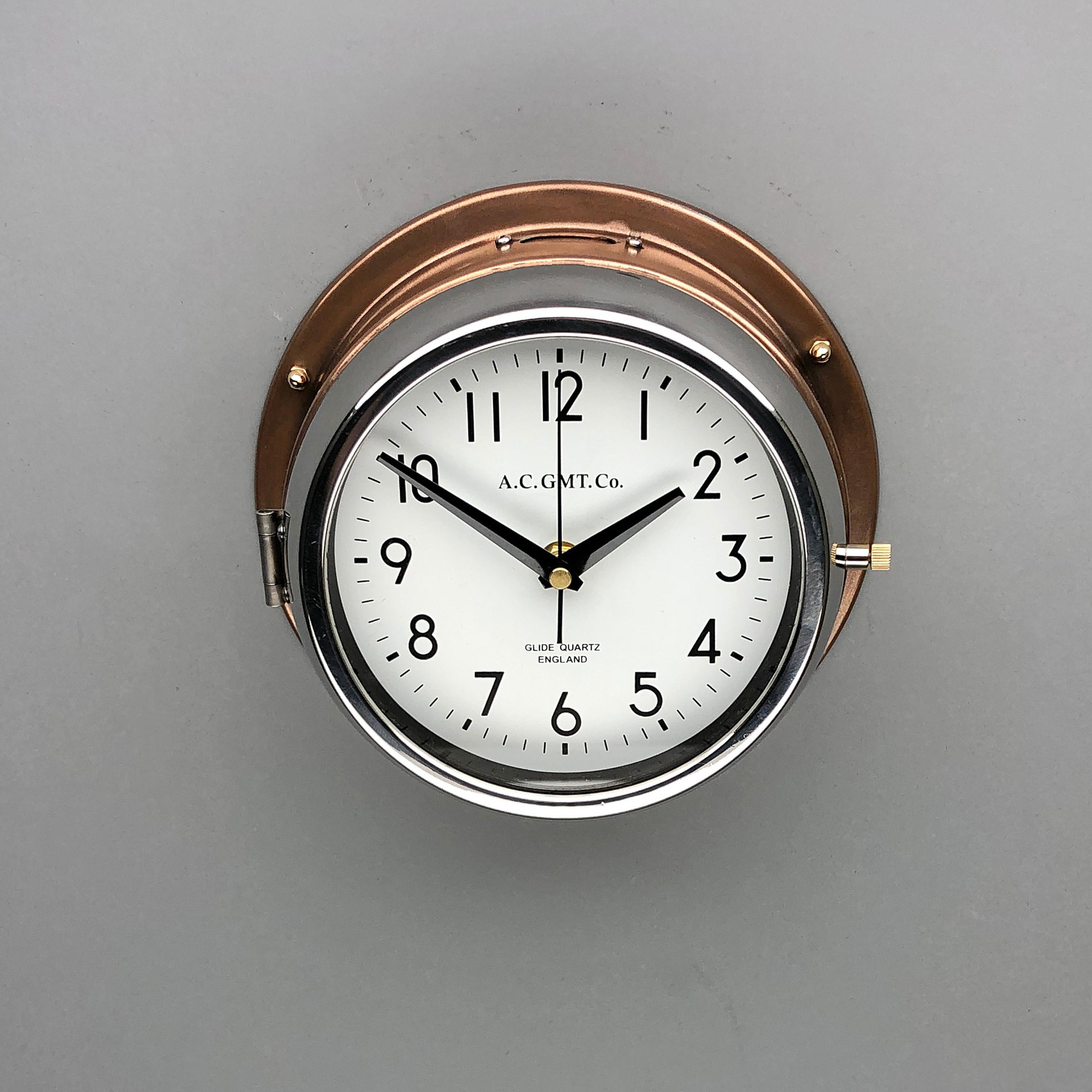 Glazed 1970s British Bronze and Chrome AC GMT Co. Industrial Wall Clock White Dial